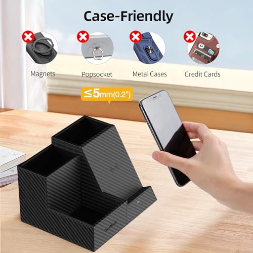 TopMade Wireless Charger Nightstand Organizer, Multi-Functional Pen/Pencil/Remote Holder for Desk, Leather Desktop Organizers, Home Office Supplies Fast Phone Charging Stand, Black Carbon Fiber - color: Black Carbon Fiber
