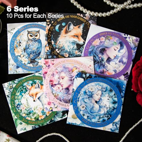 120Pcs Moon Floral PET Stickers, Scrapbook Stickers Kit for Journaling, Ephemera Packs for Junk Journals - color: Moonlit Garden