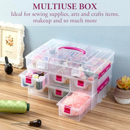 MyGift 11 Inch Clear Arts and Crafts Stackable Container, Sewing Supplies Storage Organizer Case with Pink Accents, 24 Customizable Compartments, and 6 Drawers with Removable Dividers - color: Pink