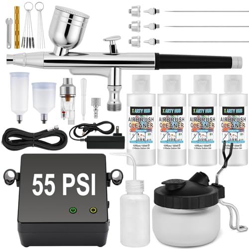 Airbrush Kit with Compressor, 55 PSI, Air Brush Cleaning Kit | 3-Nozzle Set, Dual-action Air Brush Gun, Airbrush Cleaning Kit (16.2 fl oz Cleaner), for Model Painting, Artwork & DIY Crafts