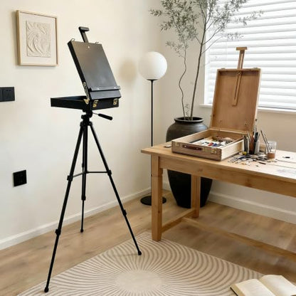 Black French Style Easel Sketch Box with Aluminum Tripod | Lightweight Black Aluminum Tripod, Adjustable Portable Plein Air Easel for Outdoor Painting, Sketching & Painting - color: Black