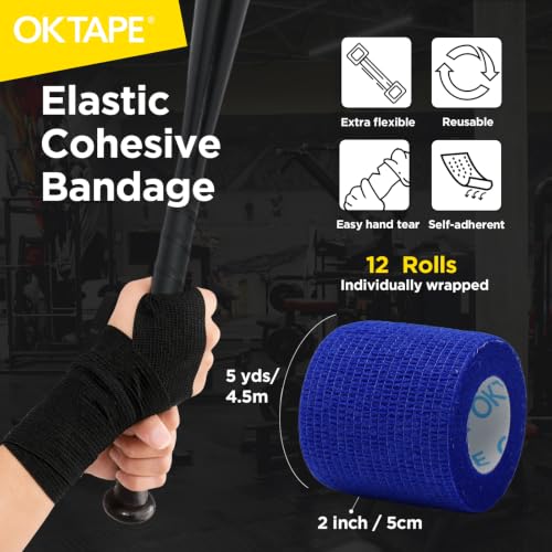 OK TAPE 12 Rolls Self Adhesive Bandage Wrap, Cohesive Elastic Athletic Tape - color: Midnight, size: 2 Inch