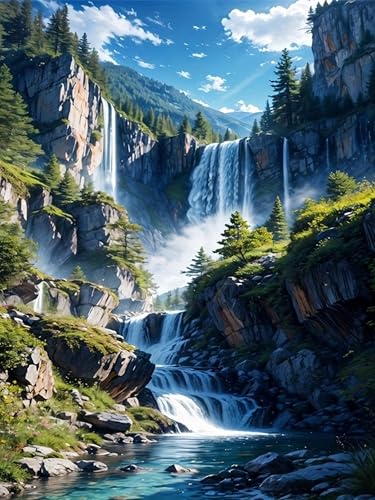 Beautiful Landscape Diamond Art Kits for Adults, Diamond Painting 12x16inch | Waterfall Diamond Painting Kits for Adults Beginners, 5D DIY Round Diamond Painting Kit for Home Wall Decor 12 x 16 inch - color: Waterfall-A