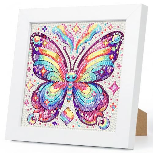 Butterfly Diamond Art Kits for Kids Ages 4-8-12 with Wooden Frame 7x7 Inch | DIY Animal Diamond Art Painting Kit for Girls Boys, 5D Gem Art Kit for Beginners, Birthday Gift, Relaxing Hobby, Home Decor - color: HMKDPUS-26504