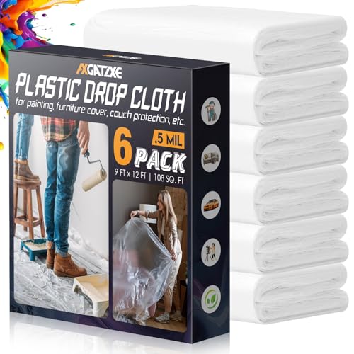 Axgatoxe 12 x 9 Ft Plastic Drop Cloths for Painting (6-Pack) | Plastic Painter's Sheeting & Tarps for Painting Supplies, Waterproof & Dust-proof Furniture/Couch/Floor Protection Cover - size: 6-Pack