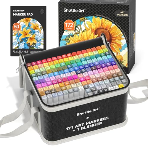 Shuttle Art 172 Colors Dual Tip Alcohol Based Art Markers,171 Colors plus 1 Blender Permanent Marker 1 Marker Pad with Case Perfect for Kids Adult Coloring Books Sketching and Card Making - color: 172 Colors
