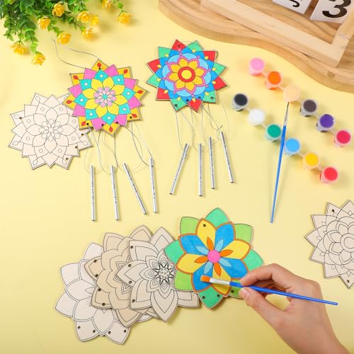 Silipull 24 Sets Lotus Mandala Wood Wind Chime Kit for Kids | Unfinished Wooden Chimes with Paints, Color Your Own Designs, School Projects, Party Crafts, Home Hanging Ornaments - style: Lotus