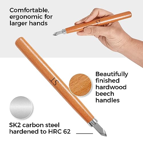 Schaaf Tools Wood Carving Kit, 12-pc mini chisel set, large handles | Wood carving tools for detail work and block printing, SK2 carbon-steel, sharpening strop and beginner tutorials included