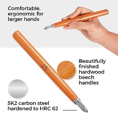 Schaaf Tools Wood Carving Kit, 12-pc mini chisel set, large handles | Wood carving tools for detail work and block printing, SK2 carbon-steel, sharpening strop and beginner tutorials included