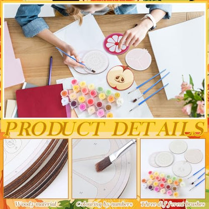 Reallnaive 8 Pcs Fruit Paint by Numbers Kit for Adults Wooden Coasters | Mini Paint by Numbers, Tiny Round Oil Painting Drink Coaster with Holder, for Small DIY Craft Birthday Gift - style: Fruit