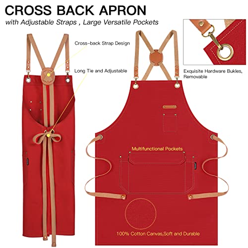Genixart Chef Apron Men Women, Kitchen Aprons Cooking, BBQ - Red | Box Packed, Cotton Canvas, Cafe, Bar, Workshop, Restaurant, Water & Oil Stain Resistant, Cross Back Adjustable, Large Pockets - color: Red