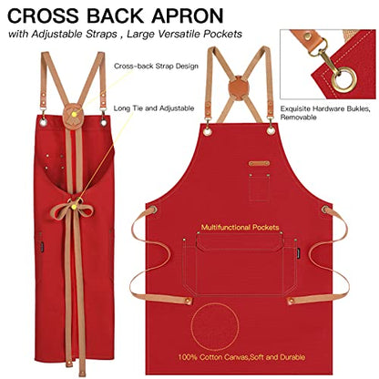 Genixart Chef Apron Men Women, Kitchen Aprons Cooking, BBQ - Red | Box Packed, Cotton Canvas, Cafe, Bar, Workshop, Restaurant, Water & Oil Stain Resistant, Cross Back Adjustable, Large Pockets - color: Red