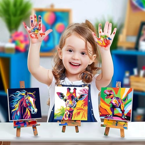 4 Pack Paint by Numbers Kit for Kids, Horse Color By Number Painting Kits for Kids Ages 8-12 Dinosaur Paint by Numbers with Framed Canvas Children DIY Paints by Number Kits for Beginners 8x8 Inch