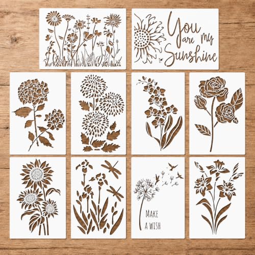 Large Flower Stencils for Painting on Wood, Walls, Canvas & Fences -10 Pc Floral Stencil Set (10x14 Inch) - Stencils for Crafts Reusable - Sunflower, Dandelion, Rose, Wildflower Stencil & More - color: Flower Stencils - 10 Set