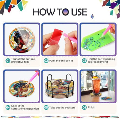 Black Woman Diamond Painting Coasters - 8 PCS DIY Colorful Glass Diamond Art Coasters Kits for Drinks Coffee Art Craft Supplies Birthday Holiday for African American Adult Beginners - color: Black Women