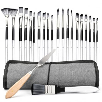 JYN‑ANREN 24Pcs Paint Brush Set, Professional 9 Shapes: Wide Flat, Filbert, Fan, Dagger, Cat Tongue, Round etc, for Acrylic, Oil, Watercolor, Includes Palette Knife & Waterproof Canvas Roll