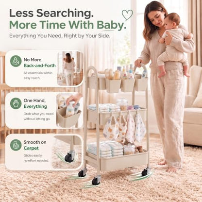 Beige 3 Tier Rolling Cart Metal on Wheels, Three Tiered Storage Organizer Utility Trolley with Wheels for Art, Craft, Baby Diaper Caddy, Snack, Book, Nail, Lash, Cleaning Supplies, Kitchen, Bathroom - color: Light Beige