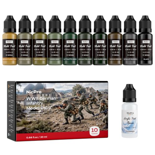 Nicpro 10 Colors WWII German Infantry Model Paint Set, 20ml Military Figure | Acrylic Paints, Brush & Airbrush Miniature Paint Kit for Soldiers, Uniforms, Crews, Gear, Weapons & Dioramas with 1 Thinner - style: WWII German Infantry