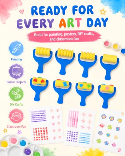 STOBOK Kids Paint Rollers Set, 8Pcs Sponge Painting Brushes with Large and Pattern Rollers for Finger Painting, Art Craft, Classroom Projects and Home DIY Crafts