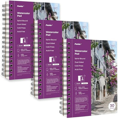 Funto Watercolor Pad 5.5x8.5, 3 Pack, 90 Sheets,140lb/300gsm, Double-Sided, Cold Press, Spiral Bound, Heavyweight Paper for Watercolor Painting - color: 5.5x8.5-Purple-3 Pack