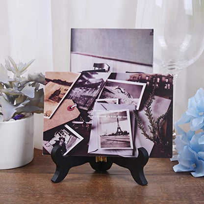5" Wooden Display Stands Black Foldable Wood Easel Stands with Gold Latch | 6Pcs Adjustable Width Plate Holders for Picture Frames Decorative Plates Artwork Cookbooks Tabletop Display