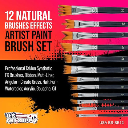 U.S. Art Supply 12 Piece Special Effects Artist Paint Brush Set - Professional Taklon Synthetic FX Brushes, Ribbon, Muti-Liner, Angular - Create Grass, Hair, Fur - Watercolor, Acrylic, Gouache, Oil