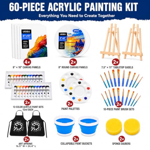 60-Piece Painting Kit with Easels and Canvas for Adults and Couples