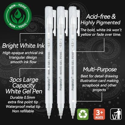 PANDAFLY White Gel Pens, 3-Pack, 0.5mm Fine Point Opaque Gel Ink Pens | White Archival Ink Pens for Highlights, Black Paper Drawing, Sketching, Illustration, Card Making, Bullet Journaling - style: White-0.5mm