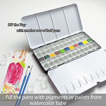 Watercolor Palette, 48 Wells and 3 Mixing Areas - Empty Half Pans Watercolor Palette with Lid, Folding Paint Tray - style: Tin with 48 Transparent Half Pans