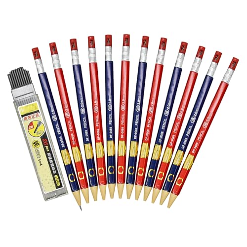 Maydahui 12Pcs 2.0mm Red Blue Mechanical Pencils with 20Pcs 2B Refills | Hexagonal Automatic Wood-like Pencil Built-in Sharpener for Artist Drawing Sketching Drafting Homework Practise