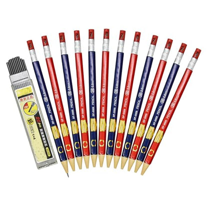 Maydahui 12Pcs 2.0mm Red Blue Mechanical Pencils with 20Pcs 2B Refills | Hexagonal Automatic Wood-like Pencil Built-in Sharpener for Artist Drawing Sketching Drafting Homework Practise