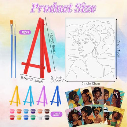 Blosssound 10 Set Pre Printed Canvas Pre Drawn Canvas Painting with Easel Kits 5" x 7" Outline Painting Panels for Beginners, DIY Craft Project, Home Decors(Black Women) - style: Modern