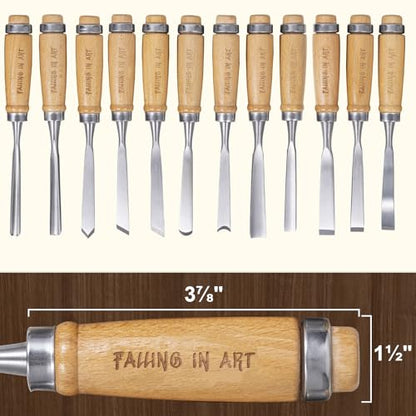 Falling in Art 12Pcs Wooden Carving Chisel Set with a Leather Pouch