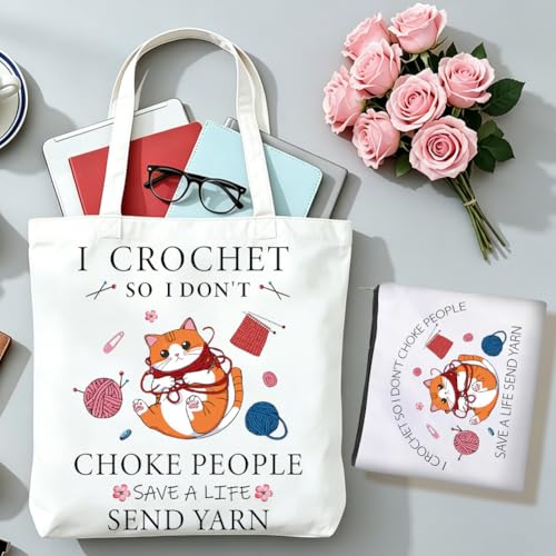 2Pcs Crochet Canvas Tote Makeup Bag Set Aesthetic Gifts 2 Sizes | Cat Tote Bag Set Cute Cat Yarn Design with Word, Polycotton Reusable Portable Zipper Cosmetic Case for Crocheters Work Travel