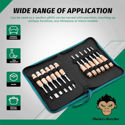 Monkey King Bar-12pcs Wood Carving Chisel Set- Sharp Woodworking Tools with Case Storage
