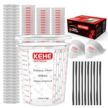 100-pack Paint Mixing Cups by KEHE REFINISH,18 oz (550ml),Disposable or Reusable Plastic Measuring Cups with Lids for Liquids, Paints, Resin, Epoxy, Art,Ratios 1:1,2:1, 3:1, 4:1,5:1,6:1,8:1 - size: 18oz-100Kit