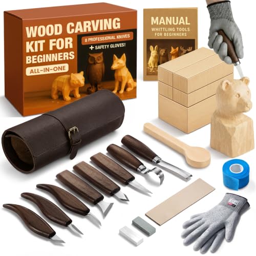 Complete Wood Carving Kit for Beginners - Gift Ready Complete Tools Set | Whittling Kit with 8 Wood Carving Knives, Spoon Carving Tools, Wood Blocks, Gloves, Roll Bag and Sharpening Strop