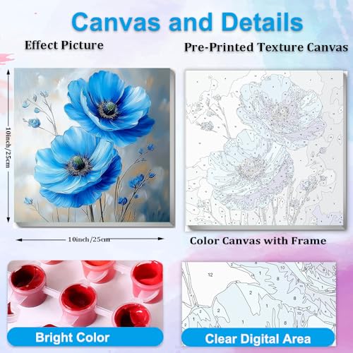 Artunion Framed Paint by Numbers Kit for Adults Beginners & Kids Ages 8-12,Blue Flowers Paint by Number with Frame,Abstract Poppy Paint by Numbers Kit on Canvas 10 * 10 Inch Without Easel - color: ZXT-334-F