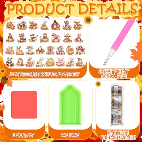 Xuhal 30 Pcs Fall Animal Diamond Painting Magnet Diamond Art Kits for Adult | Autumn Animal Refrigerator Magnet, Thanksgiving 5D Rhinestone Fridge Magnetic Sticker, Diamond Club Gifts, Small DIY Crafts - color: Fall