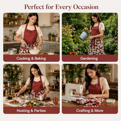 Cute Floral Apron for Women with Pockets, Cotton, Adjustable Straps - color: Burgundy