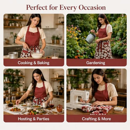 Cute Floral Apron for Women with Pockets, Cotton, Adjustable Straps - color: Burgundy