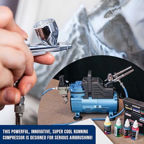 Master Airbrush 1/5 HP Cool Runner Dual Fan Air Compressor Kit Model TC-420 - Professional Single-Piston with 2 Cooling Fans, Longer Running Time without Overheating, Regulator Water Trap Holder - style: Super Cool Runner