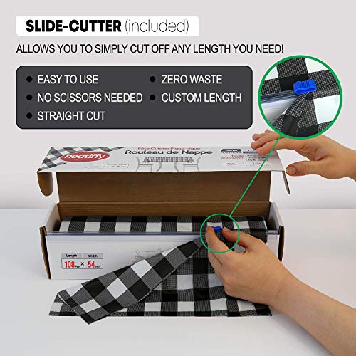 Neatiffy Disposable Plastic Tablecloth Roll | Indoor/Outdoor Table Cover Roll for Rectangle, Square, Round Tables | Picnic, Party, Banquet, Birthdays, Weddings -54 in x 108 ft-Black Checkered - color: Black Checkered