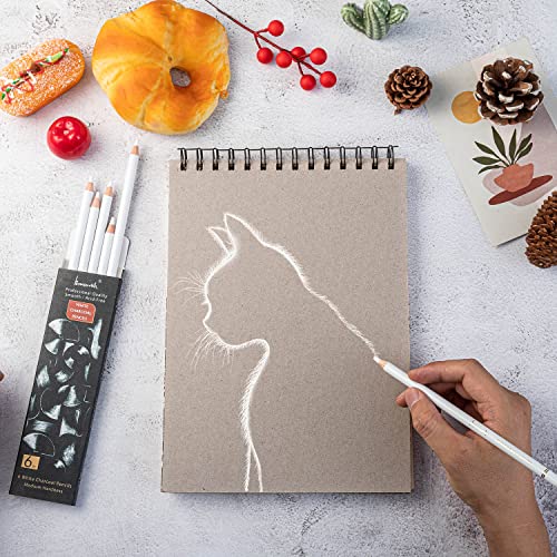 Brusarth White Charcoal Pencils Drawing Set, Professional 6-Piece Sketch, Highlight, Shading, Blending Set for Beginners & Artists - color: White