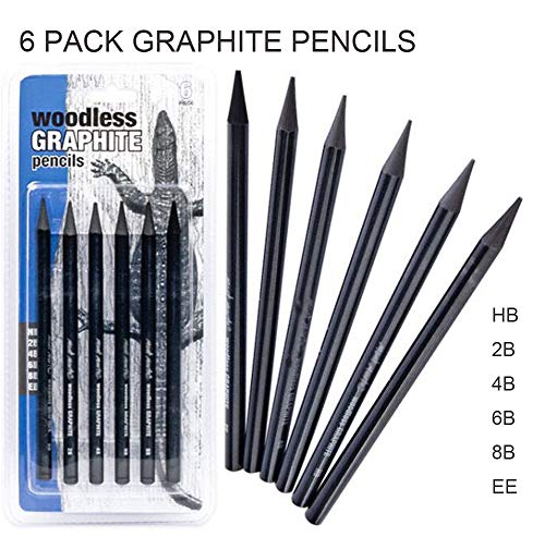 6 Pack Woodless Black Graphite Pencils Set Assorted HB 2B 4B 6B 8B EE Black Soft Sketch Pencils Drawing Set Art Painting Supplies Pencils for Drawing, Sketching Black Pencils for Beginners & Artists - color: 6pcs-Black Charcoal Pencils