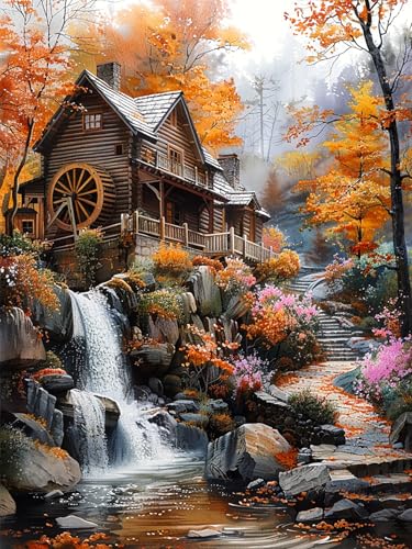Reofrey DIY Diamond Art Kits for Adults Autumn Cabin, Full Drill Round Rhinestone Diamond Painting Kits for Adults, Cross Stitch Embroidery Canvas for Crafts Home Wall Decor 12x16 inch/ 30x40cm - color: Autumn Cabin