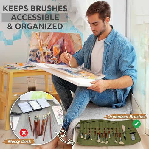 30-Slot Roll-Up Canvas Brush Holder, Army Green | Washable Paint Brush Case, Durable Canvas Organizer for Brushes & Art Supplies (Brushes not Included) - color: Green