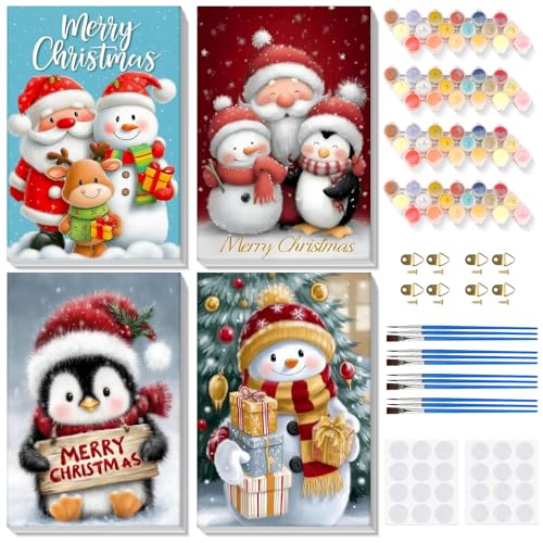 Bowetile 4 Pack Framed Paint by Numbers Christmas for Adults Beginners, Adults' Paint-by-Number Santa Claus Kits on Canvas, Acrylic Snowman Number Painting Crafts Kits Gifts for Home Decor, 8x12in - color: Santa Claus, Snowman, Penguin