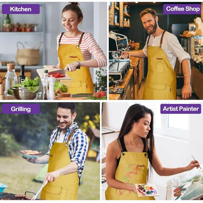 Genixart Chef Apron Men Women, Kitchen Aprons Cooking, BBQ - Yellow | Box Packed, Cotton Canvas, Cafe, Bar, Workshop, Restaurant, Water & Oil Stain Resistant, Cross Back Adjustable, Large Pockets - color: Yellow