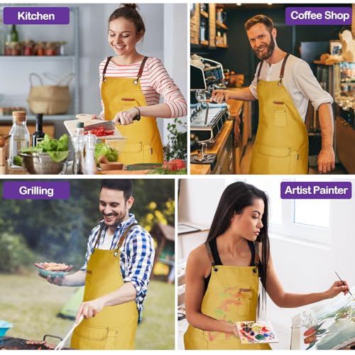 Genixart Chef Apron Men Women, Kitchen Aprons Cooking, BBQ - Yellow, 6 Pack | Box Packed, Cotton Canvas, Cafe, Bar, Workshop, Restaurant, Water & Oil Stain Resistant, Cross Back Adjustable, Large Pockets - color: Yellow, 6 Pack
